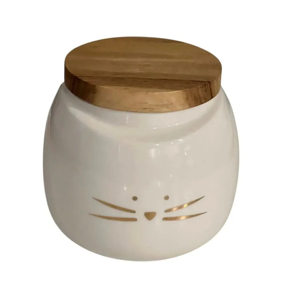 Set of 2 Ceramic Cat Treat Jars Bamboo Lids White Gold Whiskers Pet Canisters